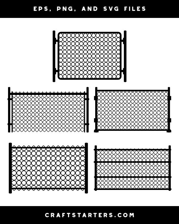 Five black-and-white chain-link fence gate designs in EPS, PNG, and SVG formats for crafting and design projects.