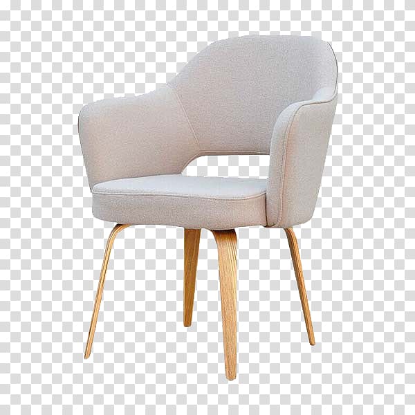 Modern beige upholstered armchair with curved wooden legs on transparent background.