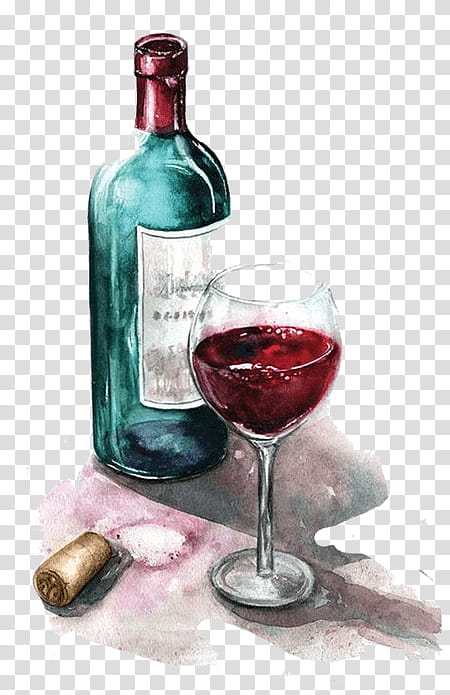 Watercolor illustration of a green wine bottle, filled glass of red wine, and cork on a stained cloth.