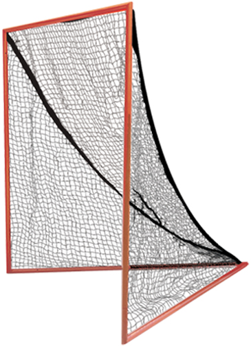 Orange-framed lacrosse goal with black netting, shown folded for storage or transport.