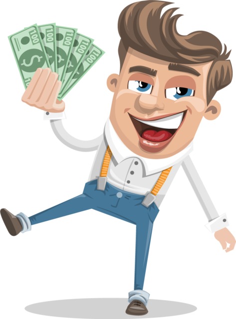 Happy cartoon man in suspenders holding fanned $1000 bills, celebrating financial success.
