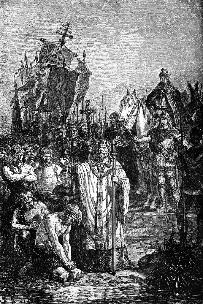 Medieval king in regal robes blesses kneeling captives before a ship and army, engraved illustration.