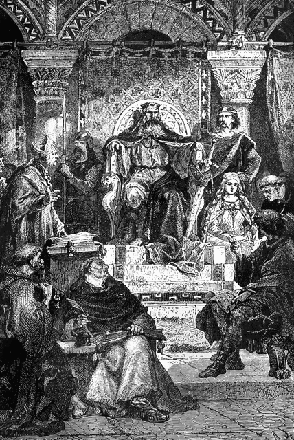 Medieval king seated on throne surrounded by nobles, clergy, and courtiers in ornate hall.