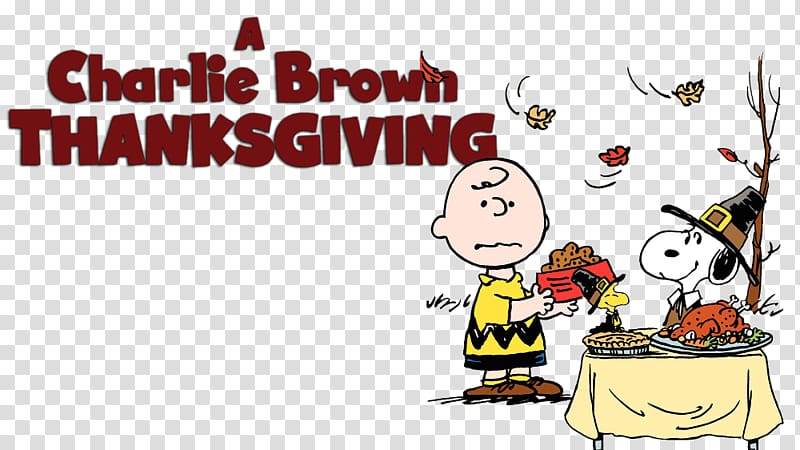 Charlie Brown looks dismayed while Snoopy, in a pilgrim hat, serves Thanksgiving food with Woodstock nearby.