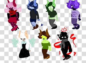 Seven colorful anthropomorphic characters with distinct designs and expressions, including demon-like, angelic, and fantasy creature motifs.