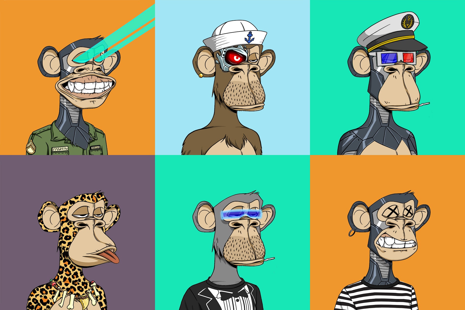 Six stylized Bored Ape NFT characters in themed outfits: soldier, cyborg sailor, 3D-glasses captain, leopard-print shaman, tuxedo smoker, and striped prisoner.