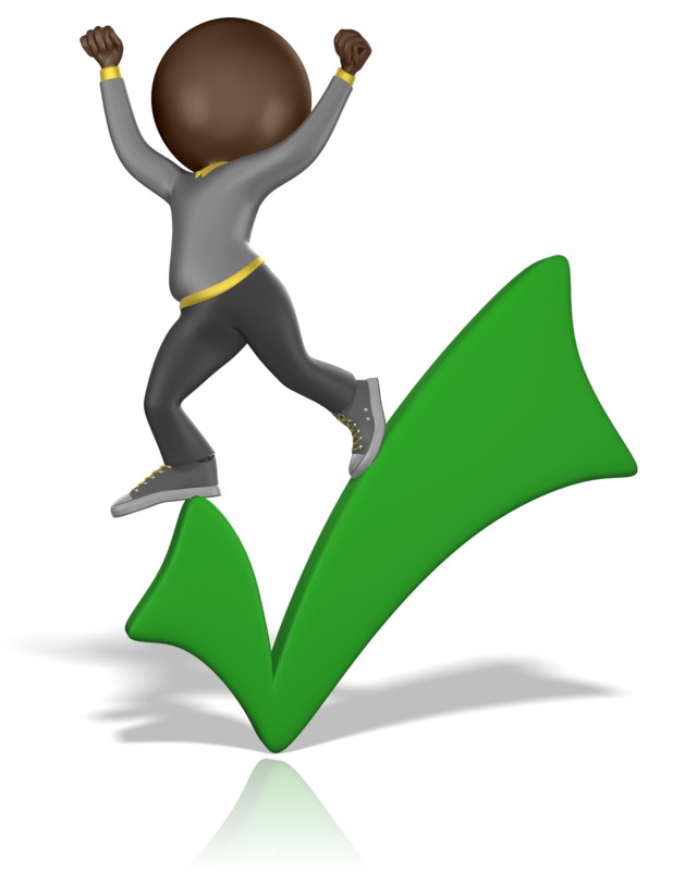 Celebrating figure jumping over a large green checkmark with raised fists in triumph.