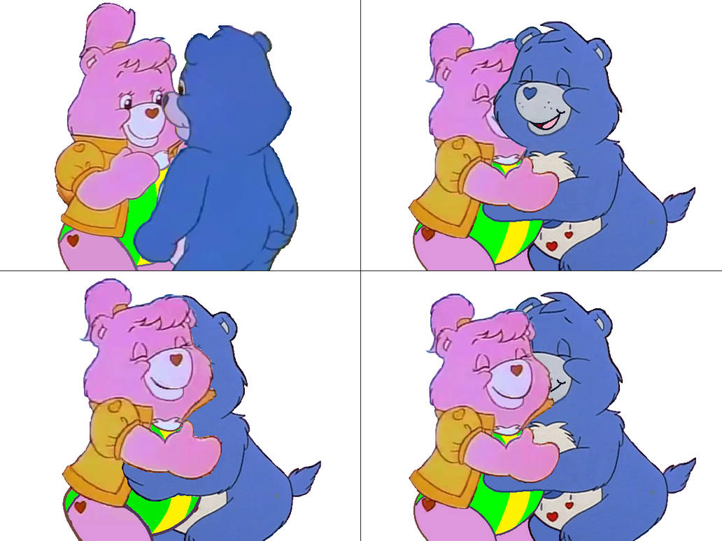 Two Care Bears-a pink bear in a yellow vest and a blue bear-share a warm, joyful hug across four sequential frames.
