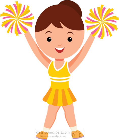 Cheerleader girl in yellow uniform holding pink and yellow pom-poms, smiling with arms raised.