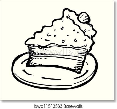 Hand-drawn sketch of a slice of layered cake with frosting and a cherry on a plate.