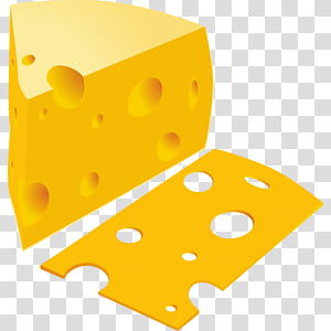 A wedge and a slice of yellow Swiss cheese with characteristic holes, on transparent background.