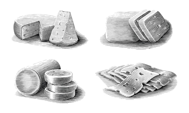 Four vintage-style engravings of various cheeses: wheel, wedge, block, and sliced varieties with holes.