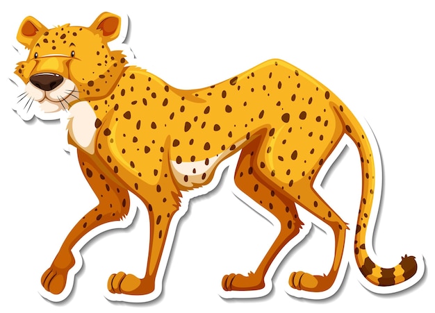 Stylized cartoon cheetah with orange fur, black spots, and white underbelly, standing in profile on white background.