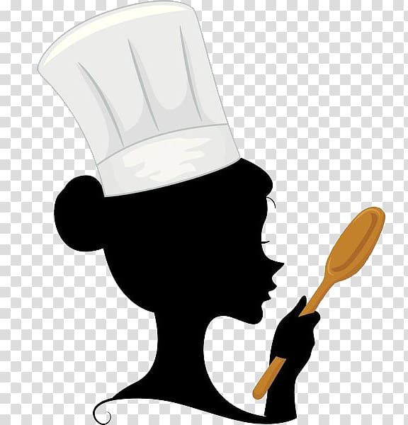 Silhouette of a female chef in profile wearing a toque blanche and holding a wooden spoon.