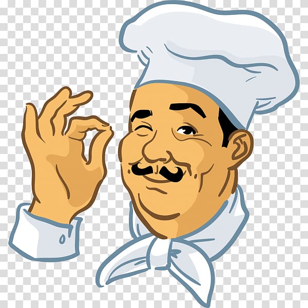 Smiling cartoon chef with mustache, white toque, and OK hand gesture.