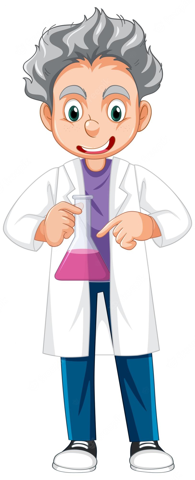 Cartoon scientist with gray hair holding a flask of pink liquid, smiling and pointing at it.