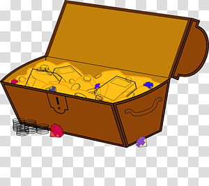 Open wooden treasure chest filled with gold coins, gems, and jewels on transparent background.