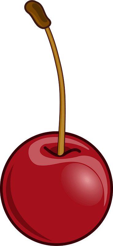 A glossy red cherry with a brown stem and leaf, set against a solid green background.