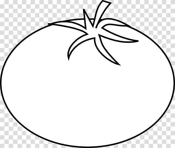 Simple black-and-white line drawing of a tomato with stem and sepals on transparent background.