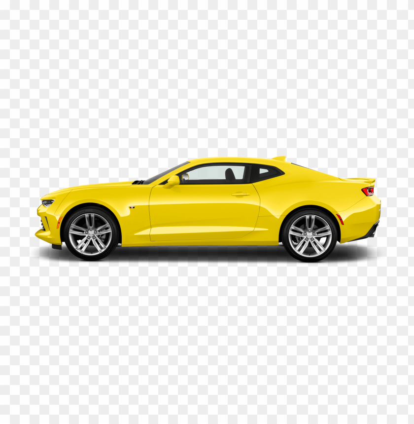Bright yellow Chevrolet Camaro coupe in side profile on transparent background.