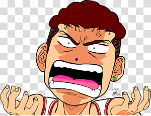 Angry anime character with wild red hair, wide eyes, and open mouth screaming, hands raised in frustration or shock.
