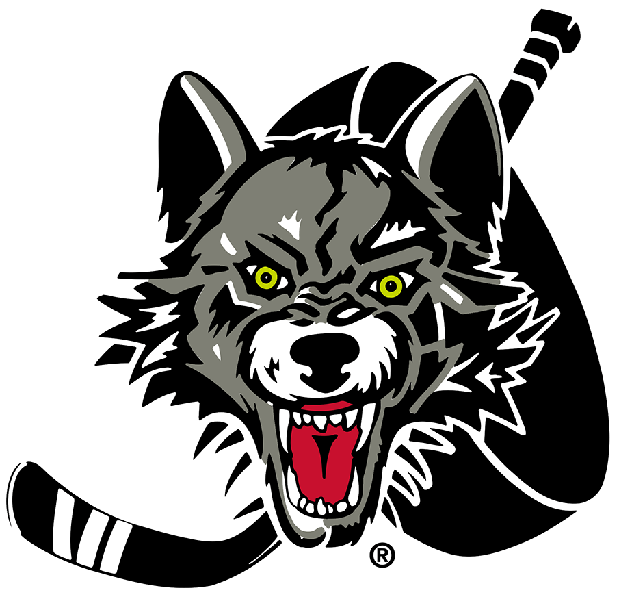 Fierce gray wolf mascot with yellow eyes, bared teeth, and a hockey stick, in black, white, gray, and red.