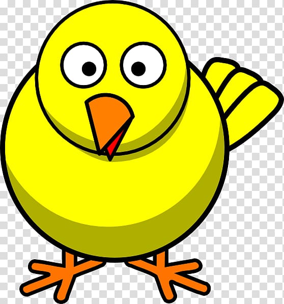 Bright yellow cartoon chick with big eyes, orange beak and feet, waving wing on transparent background.