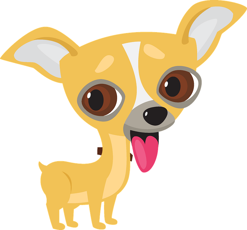 Cute cartoon Chihuahua with big brown eyes, pink tongue out, and perky ears on teal background.