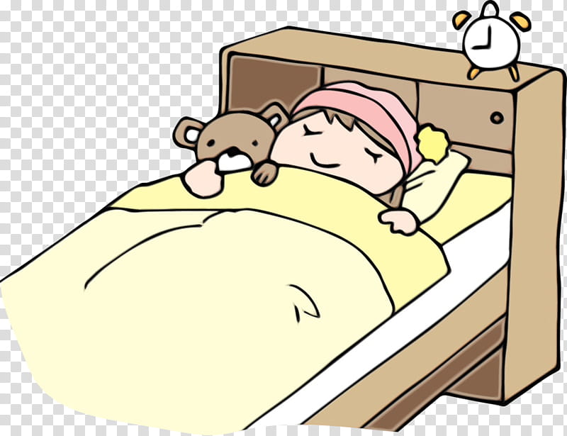 A child sleeps peacefully in bed with a teddy bear, wearing a pink nightcap, beside a classic alarm clock on the headboard.