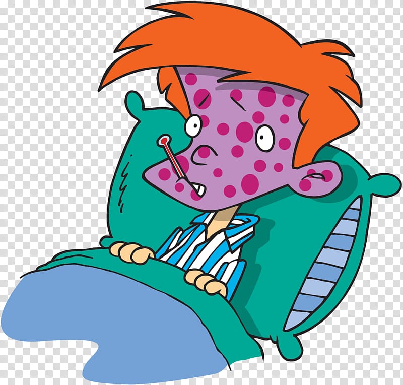 Cartoon child with orange hair, purple rash, fever thermometer in mouth, lying in bed under blue blanket.