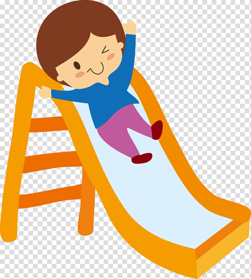 Happy cartoon child sliding down a bright orange playground slide with arms raised in joy.