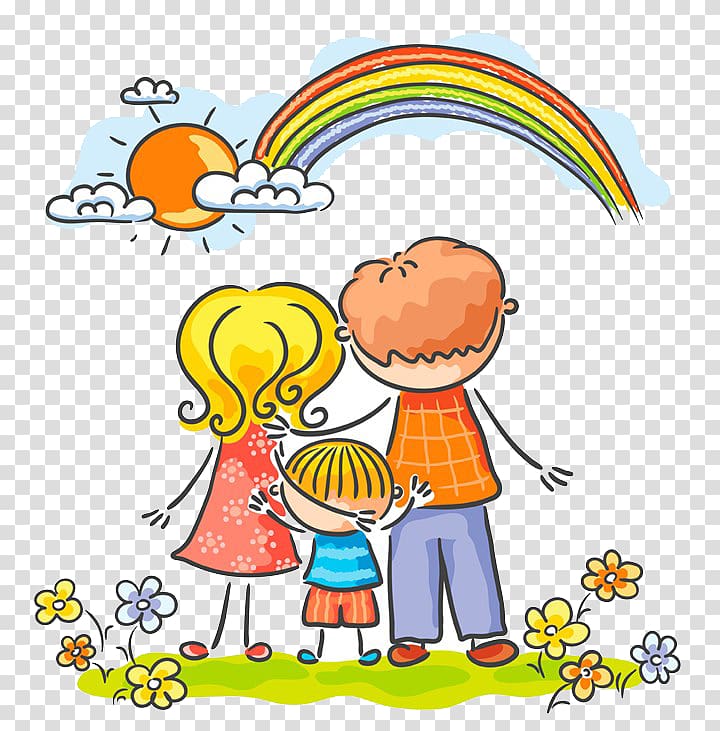 Happy cartoon family of three standing in a sunny field with rainbow, clouds, and flowers.