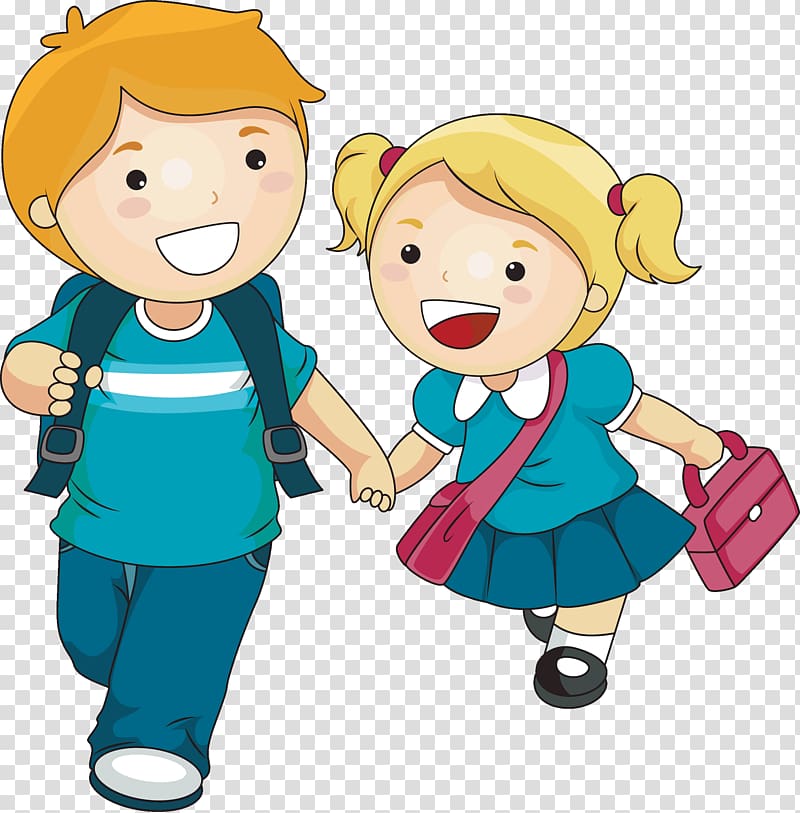 Happy cartoon boy and girl holding hands, wearing school uniforms and carrying backpacks and a lunchbox.