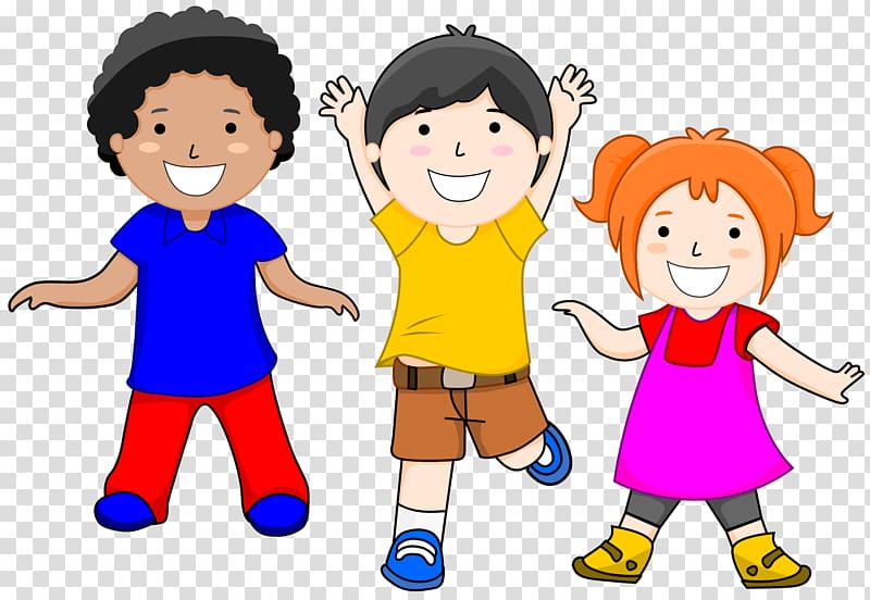 Three diverse cartoon children smiling and playing joyfully-boy in blue, boy in yellow, girl in pink-on transparent background.