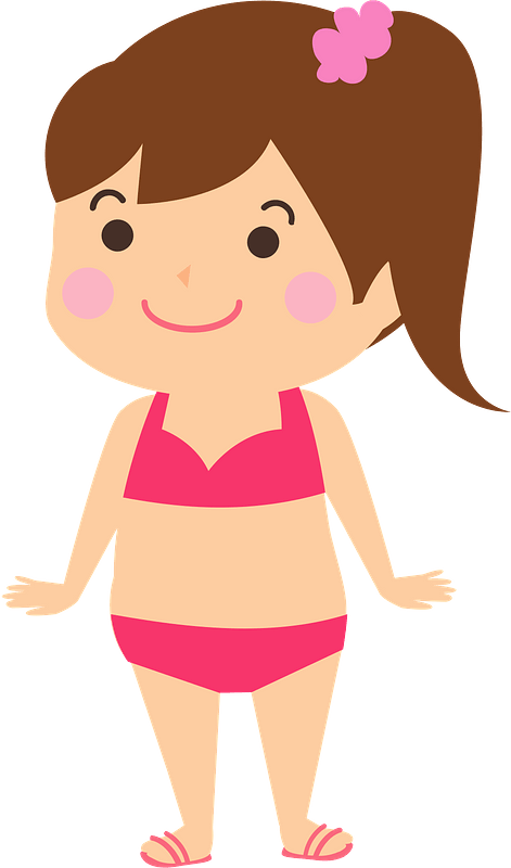 Smiling cartoon girl in pink bikini with brown hair and flower accessory, standing cheerfully.