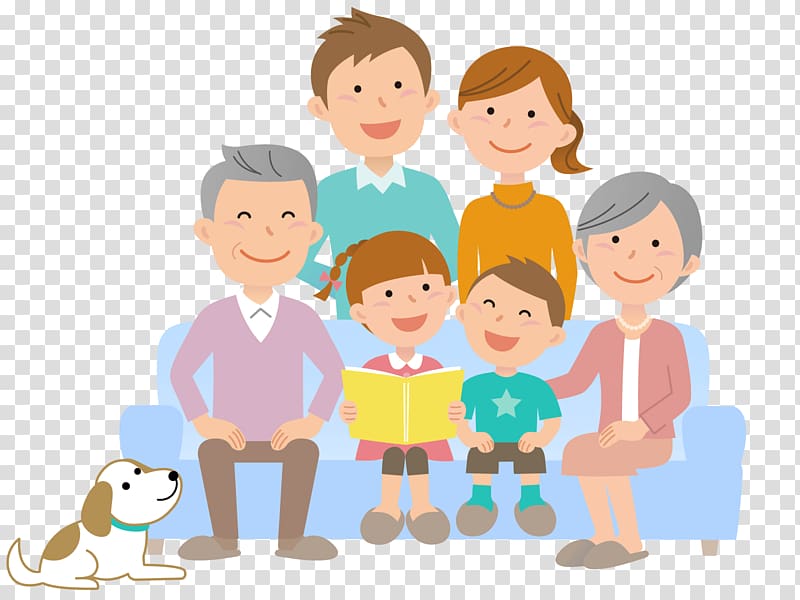 Happy multi-generational family sitting together on a blue sofa with a dog and a child reading a book.