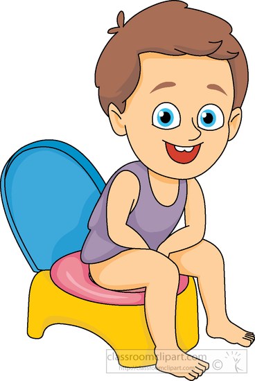 Smiling cartoon boy sitting on a colorful potty chair during toilet training.