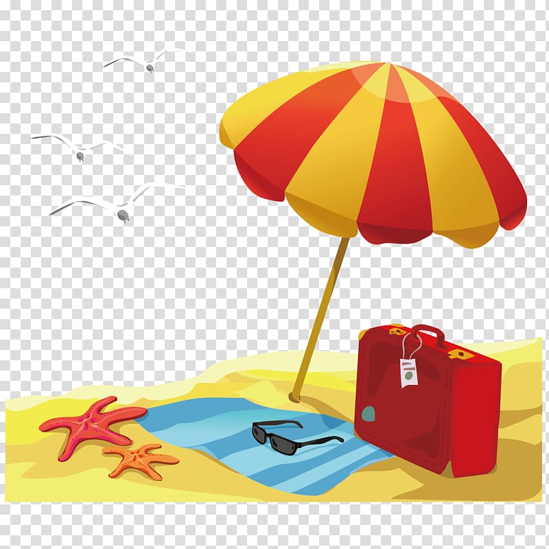 Summer Beach Vacation Setup - Umbrella, Suitcase & Seashore Essentials