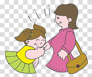 A smiling mother in a pink dress hugs her young daughter in a yellow top and green skirt, with expressive lines indicating warmth.