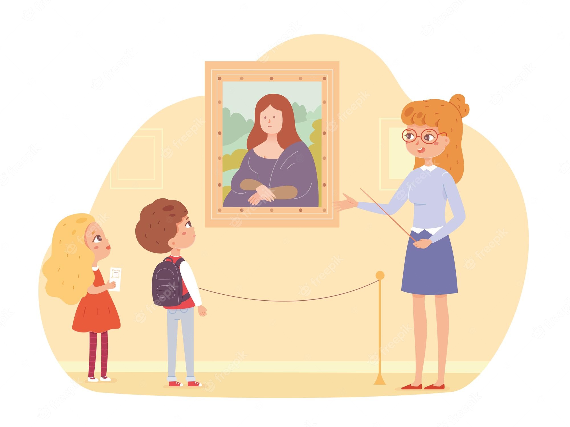 A museum guide explains the Mona Lisa to two curious children during a school tour.