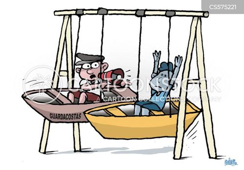 Cartoon of two figures in a swing set with boat-shaped seats labeled "GUARDACOSTAS" and "POLICE", one startled, the other celebrating.