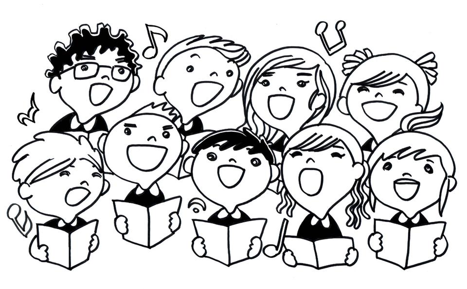 Black-and-white line drawing of a joyful children's choir singing with music notes and songbooks.