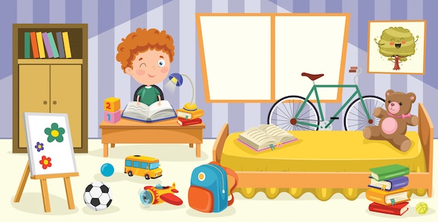 A cozy, colorful child's bedroom with books, toys, a bicycle, and a boy reading at a desk.
