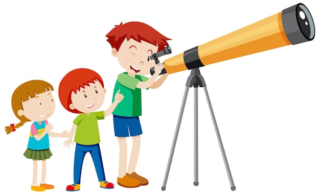 Three children observing through a telescope on a tripod; one boy peers through it while two others watch excitedly.