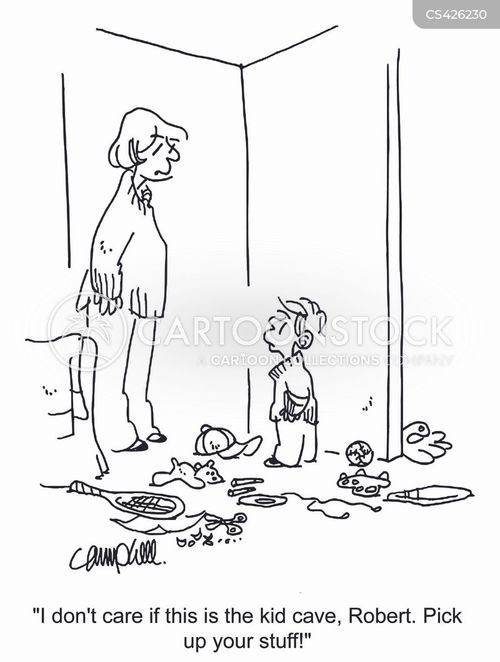 A mother scolds her son Robert amid a messy room full of scattered toys, demanding he clean up.