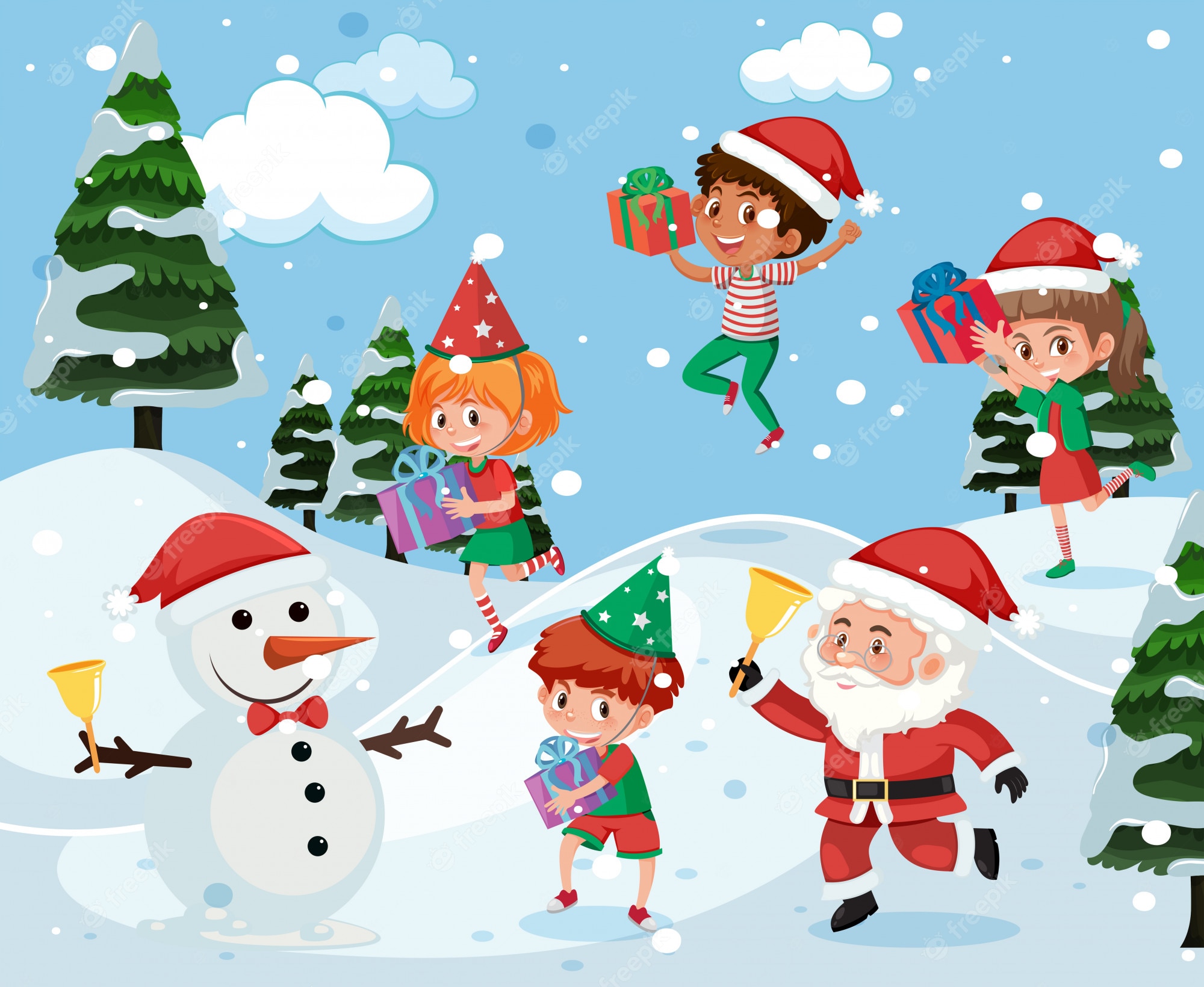 Joyful children, Santa Claus, and a snowman celebrate Christmas in a snowy forest with gifts and party hats.