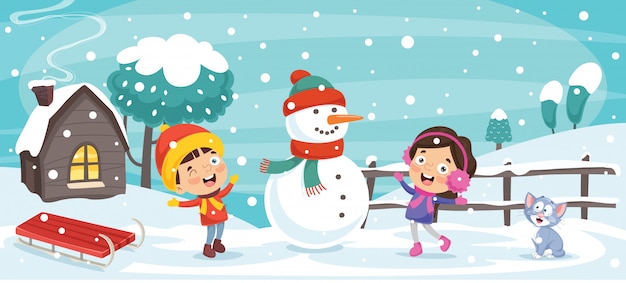 Happy children building a snowman in a snowy village with a cabin, sled, and cat nearby.