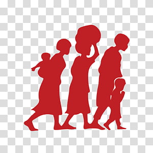 Red silhouette of a family walking together-two adults, two children-on transparent background.