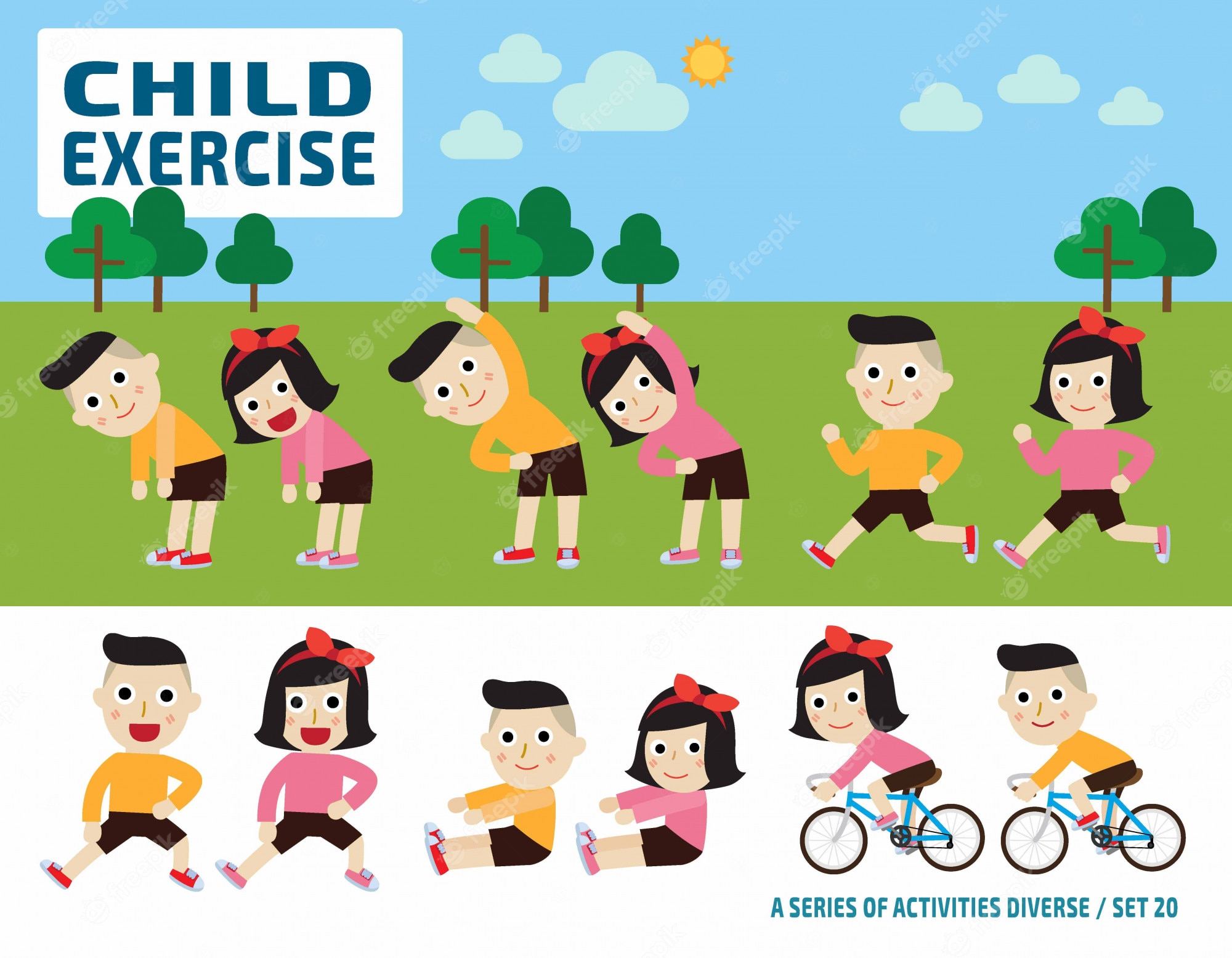 Cartoon children doing various exercises outdoors: stretching, jogging, cycling, and warm-ups under a sunny sky.