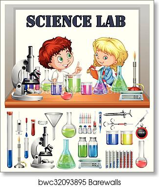 Two children conducting science experiments at a lab bench with microscopes, beakers, and lab tools.